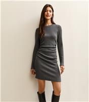 Women's Dark Grey Textured Long Sleeve Mini Dress New Look