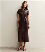 Women's Dark Brown Faux Leather Shirt Midi Dress New Look