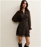 Women's Black Rose Long Sleeve Frill High Neck Mini Dress New Look