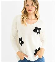 Women's White Flower Pattern Knit Jumper Gini London New Look
