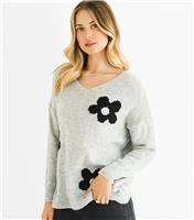Women's Grey Flower Pattern Knit Jumper Gini London New Look