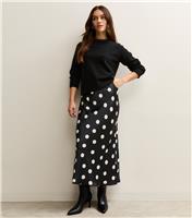 Women's Petite Black Polka Dot Bias Cut Midi Skirt New Look