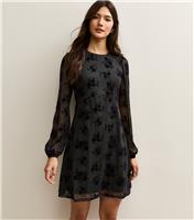 Women's Black Floral Devore Long Sleeve Mini Dress New Look