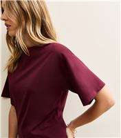 Women's Dark Burgundy Fitted Waist Slash Neck T-Shirt New Look