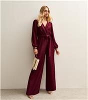 Women's Dark Burgundy Crinkled Wide Leg Wrap Jumpsuit New Look