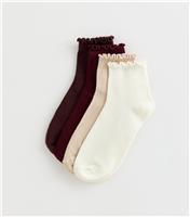 Pack of 4 Dark Burgundy Frill Trim Ankle Socks New Look