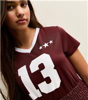 Girls' Dark Burgundy Star Print Shirred Hem Football Top New Look