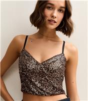 Women's Mid Brown Sequinned Soft Touch Cami Crop Top New Look