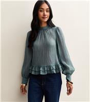 Women's Blue Crinkle Texture High Neck Peplum Blouse New Look