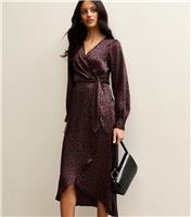 Women's Brown Leopard Print Satin Wrap-Effect Midi Dress New Look