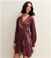 Women's Red Spot Print Satin Wrap Mini Dress New Look