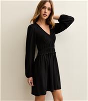 Women's Black Shirred Waist Mini Dress New Look