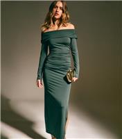 Women's Dark Green Ruched Off The Shoulder Midi Dress New Look