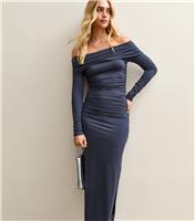 Women's Navy Ruched Off The Shoulder Midi Dress New Look