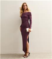 Women's Dark Burgundy Ruched Neck Off The Shoulder Midi Dress New Look