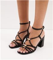 Women's Black Faux Leather Strappy Hardware Block Heel Sandals Vegan New Look