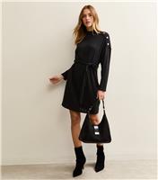 Women's Black Rib Buttoned Shoulder Mini Dress New Look