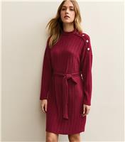 Women's Dark Burgundy Rib Buttoned Shoulder Mini Dress New Look