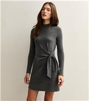 Women's Dark Grey Tie Belt Mini Dress New Look