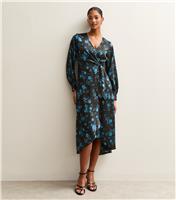 Women's Blue Floral Satin Wrap Midi Dress New Look