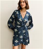 Women's Blue Satin Floral Wrap Mini Dress New Look