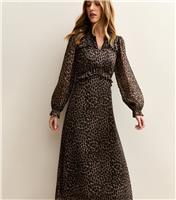 Women's Brown Chiffon Animal Print Ruffled Midi Dress New Look