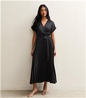 Women's Black Satin Pleated Wrap Midi Dress New Look