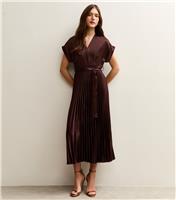 Women's Dark Brown Satin Pleated Wrap Midi Dress New Look