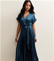 Women's Navy Satin Pleated Wrap Midi Dress New Look