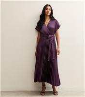 Women's Dark Burgundy Satin Pleated Wrap Midi Dress New Look