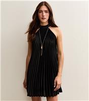 Women's Black Pleated Halterneck Mini Dress New Look