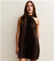 Women's Dark Brown Pleated Halterneck Mini Dress New Look