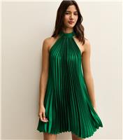 Women's Dark Green Pleated Halterneck Mini Dress New Look