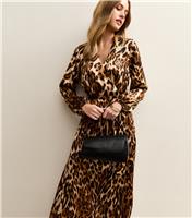 Women's Brown Animal Print Satin Pleated Wrap Midi Dress New Look