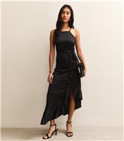 Women's Black Satin Ruffled Wrap Midi Dress New Look