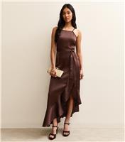 Women's Dark Brown Satin Ruffled Wrap Midi Dress New Look