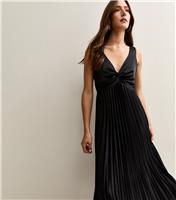 Women's Black Satin Pleated Midi Dress New Look