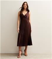 Women's Dark Brown Satin Pleated Midi Dress New Look