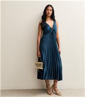 Women's Navy Satin Pleated Midi Dress New Look