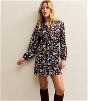 Women's Brown Floral Satin Pussybow Mini Dress New Look