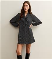 Women's Black Polka Dot Pussybow Mini Dress New Look