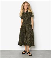 Women's Dark Khaki Zebra Print Midi Shirt Dress Apricot New Look