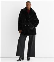 Women's Black Faux Fur Double Breasted Longline Coat Gini London New Look