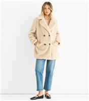 Women's Cream Faux Fur Double Breasted Longline Coat Gini London New Look