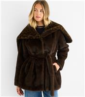 Women's Brown Faux Fur Leopard Print Trim Coat Gini London New Look