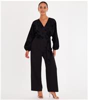 Women's Black Satin Floral Detail Wrap Jumpsuit Quiz New Look