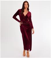 Women's Dark Red Velvet Wrap Midaxi Dress Quiz New Look