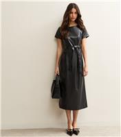 Women's Black Faux Leather Belted Midi Dress New Look