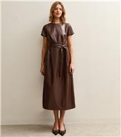 Women's Dark Brown Faux Leather Belted Midi Dress New Look