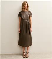 Women's Light Khaki Faux Leather Belted Midi Dress New Look